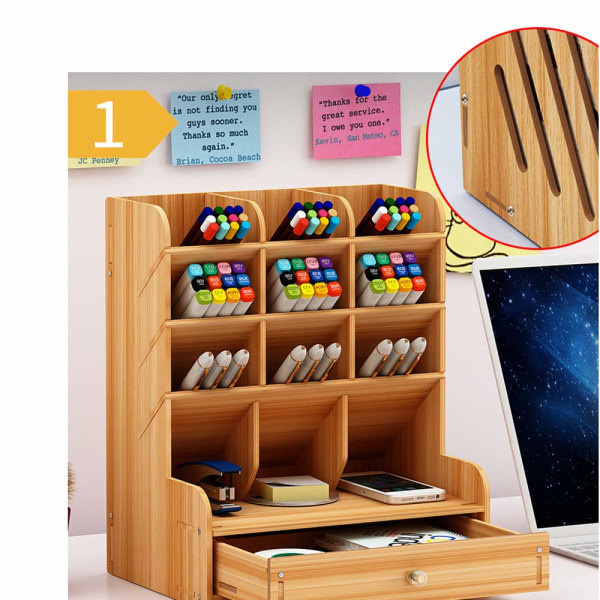 Träskrivbordsarrangör Multifunktionell låda Brevpapper Skrivbordsförvaringslåda Skrivbord Prydlig pennhållare för hem, kontor och skola (Cherry Color)