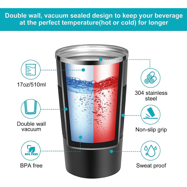 Reisekrus Gjenbrukbar Isolerte Kaffekopper Vakuumisolasjon Flasker Rustfritt Stål Termisk Tumbler for Varme Kalde Drikker (Svart, 510ml) black