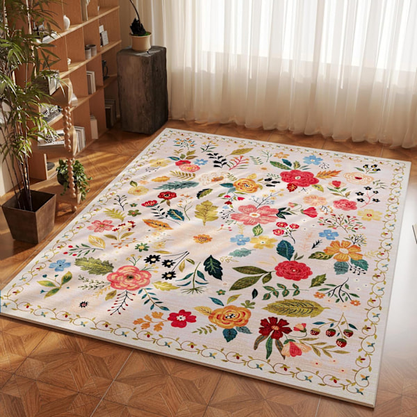 Tvättbar matta i bohemisk stil, halkfri låg lugg blommig matta för sovrum, säng, barnrum, kontor, matsal (Beige)