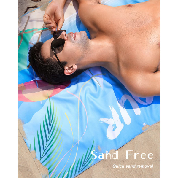 Strandhåndkle med UV-etiketter, strandmatte, mikrofibermateriale, sandfri, egnet størrelse (75 × 150 cm), hurtigtørkende, elastisk taudesign, blå