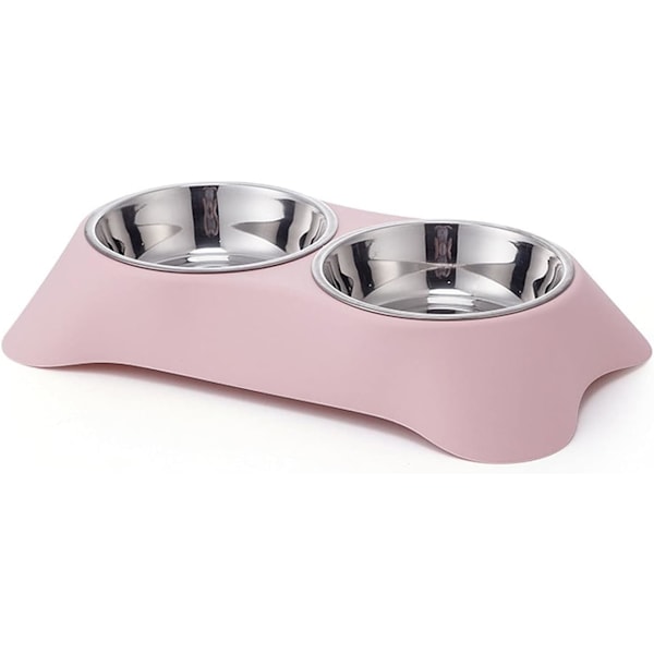 Double Dog Bowl,Non Slip Stainless Steel Double Bowl with Non-spill For Small Dogs and Cats (M, Pink)