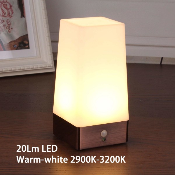 Bordslampa, retro LED-nattlampa, sänglampa med trådlös PIR-rörelsesensor, drivs av 3 x 1,5V AAA-batterier, plast, vitt ljus, fyrkantig