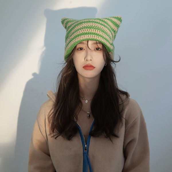 Katte Beanie Hæklet Hatte med Ører Strikket Stribet Vinter Varmt Elastisk Kasket, Beige og Grøn Beige and Green