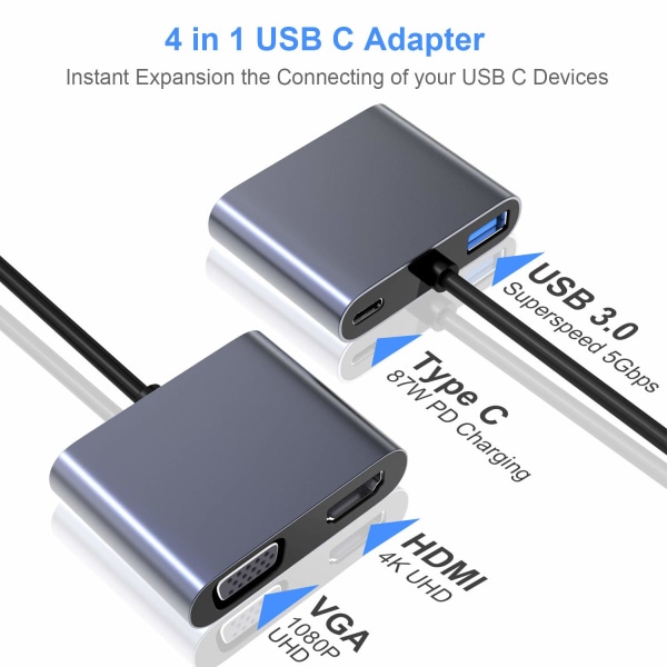 USB C till VGA HDMI-adapter, 4 i 1 Typ C Hub till VGA HDMI 4K UHD + USB 3.0-port Kompatibel med MacBook Pro/Air Huawei Mate 30 (grå)