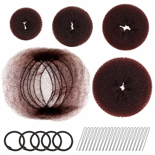 Hår Donut Bun Maker, Flickors Hårstyling Set med 20 Osynliga Hårnät för Bun, 5 stycken Håregummin, 20 stycken Hårsnoddar, Brun