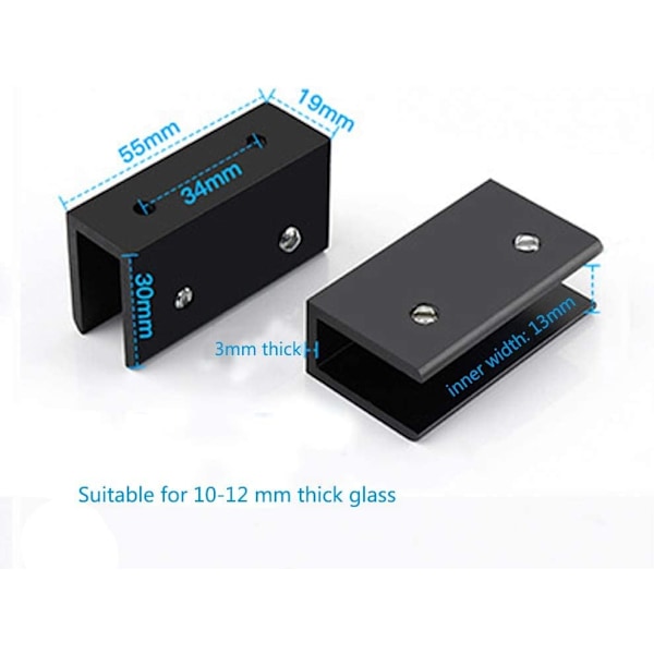 Pakke med 8 firkantede glashylde klemmer i aluminiumslegering, holder, støttebeslag, sort (egnet til 10-12 mm tykt glas)