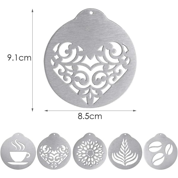 5 stk. Kaffeskabeloner i rustfrit stål, Latte Art Kaffe Garland Form Personlig Skabelon til Kaffekagedekoration