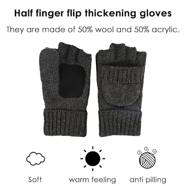 Varmfodrade Fingerlösa Ullvantar för Textning, Vintervarma Stickade, Omvandlingsbara Vantar med Flik