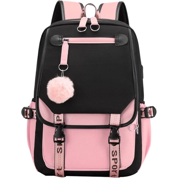 Ryggsäck för tonårsflickor, skolryggsäck för gymnasiet, utomhusryggsäck med USB-laddningsport (21L, Svart Rosa) White