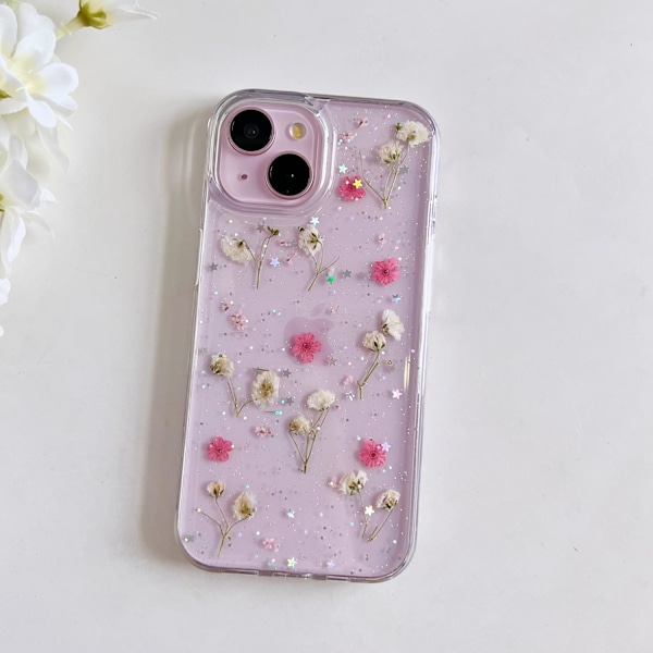 Blommor Skal för iPhone 15/14/13 Transparent Äkta Torkade Blommor Mobilskal Glitter Mjukt Silikonskyddsskal (Rosa) Pink