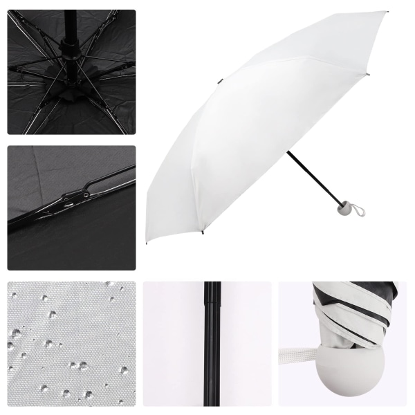 Reseparaply, 6 revbens miniparaply Litet UV-paraply med case Snabbtorkande och ultrakompakt hopfällbart paraply 90 x 55 cm, vitt white