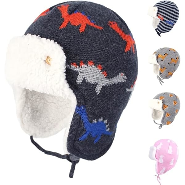 Baby Pojkar Flickor Djur Öronlapp Hatt Dinosaurie Rävtryck Varm Fleecefodrad Mössa Julklapp