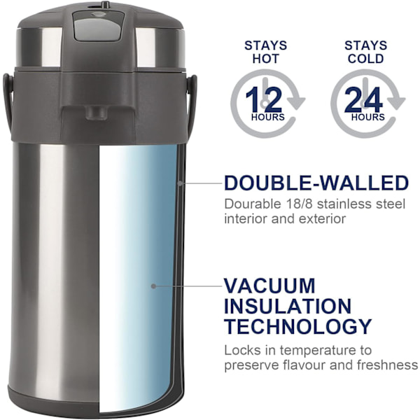 Kaffetermos - 4L Isolerad Pumptermos - Rostfritt Stål Vakuum Termisk Dryckesdispenser BPA-fri Kaffekaraff
