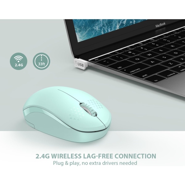 Trådlös mus, 2,4G brusfri mus med USB mottagare - Bärbar datormus för PC, surfplatta, bärbar dator med Windows-system - Mintgrön