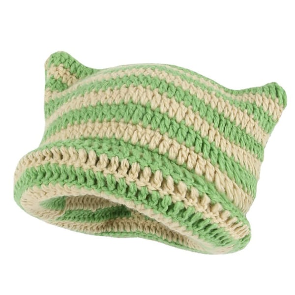 Katte Beanie Hæklet Hatte med Ører Strikket Stribet Vinter Varmt Elastisk Kasket, Beige og Grøn Beige and Green