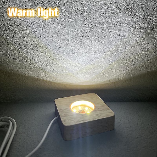 Luminous trælampeholder, firkantet afrundet krystal USB varm lys lampeholder, Led lys display base glas harpiks kunst ornament træ natlampe 60mm