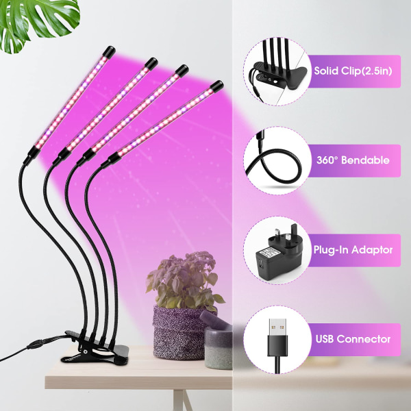 Vekstlys for innendørs planter, 80 LED-lys, rødt og blått fullspektrum, 4 hoder vekstlamper med timer, frøplanter og sukkulenter Red & Blue Full Spectrum