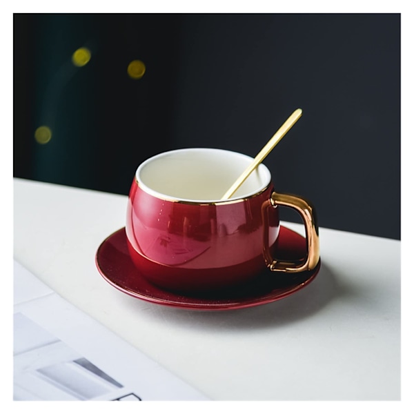 Kaffekop, tekop og underkopper, moderne design, porcelænskaffekop og underkop, keramik, enkelt krus, let luksus espressodrikkevare til te (rød)
