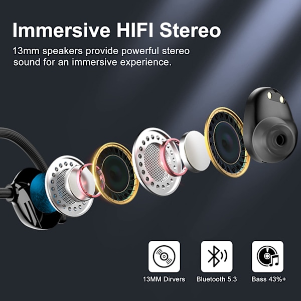 Langattomat nappikuulokkeet, Stereo Sport Bluetooth 5.3 -kuulokkeet korvakoukuilla, melunvaimennus, IP7 vedenpitävät kuulokkeet sisäänrakennetulla mikrofonilla juoksuun