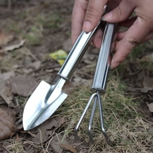 Trädgårdsredskapsset, 2 Delar Rostfria Trädgårdsredskap, Trädgårdsräfsa Spade för Plantor, Bonsai, Suckulenter, Plantering, Utomhusplantering
