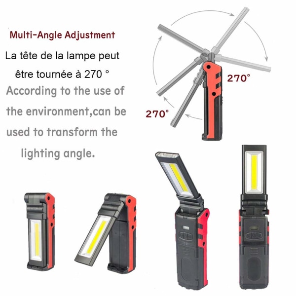 LED-arbeidslys, oppladbar inspeksjonslampe-lommelykt, ultrakraftig LED-arbeidslys campinglampe med krok magnetisk sokkel, sammenleggbar og dimbar