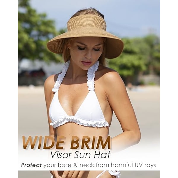Dame Solhat Bred Skygge Strå Rul Sammen Foldbar Hestehale Sommer Strandhat UV UPF Foldbar Rejse