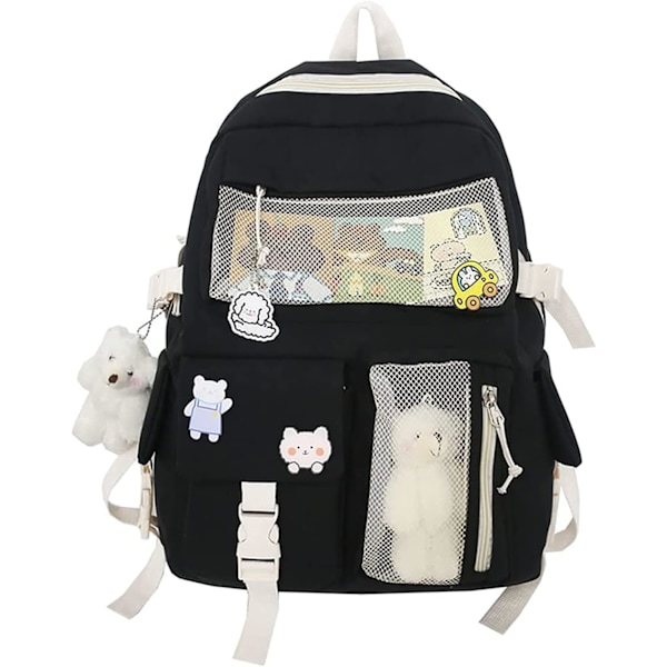 Kawaii Ryggsäck med Söta Pins och Tillbehör Söt Kawaii Ryggsäck för Skolan Kawaii Tjej Ryggsäck (Svart)