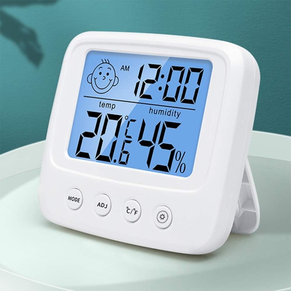 Digitalt Hygrometer Indendørs Termometer Rumtermometer og Fugtighedsmåler med Temperatur Fugtighedsmonitor, Baggrundsbelysning, Ur & ℃/℉ Funktion