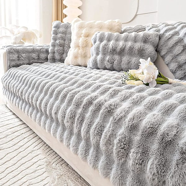 Tjocka Kanin Plysch Sofföverdrag 1 2 3-sits, Halkfria Sofföverdrag, Roligt Luddigt Sofföverdrag, Varma Sammet Soffkuddöverdrag (90x90cm) Light gray 90*90cm