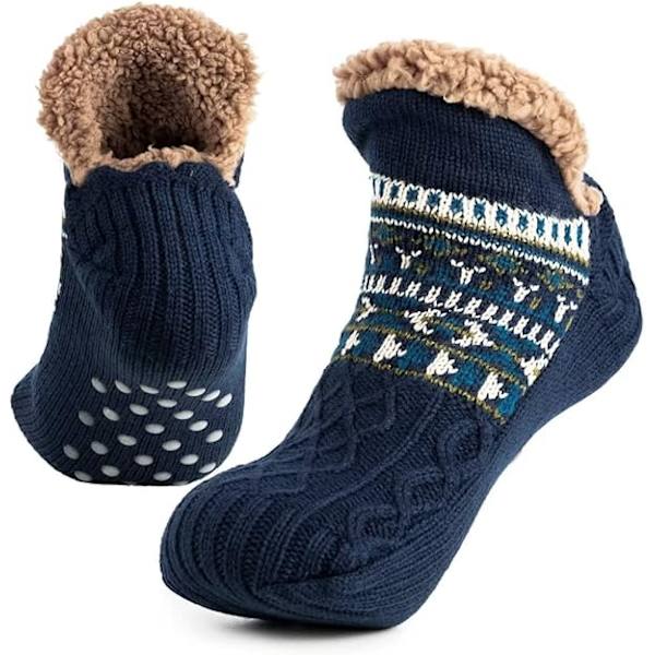 Toffelsockor för män och kvinnor, fluffiga strumpor med grepp, halkfri fleecefodring, termiskt stöd, julklapp L 43-45 Sapphire 43-45