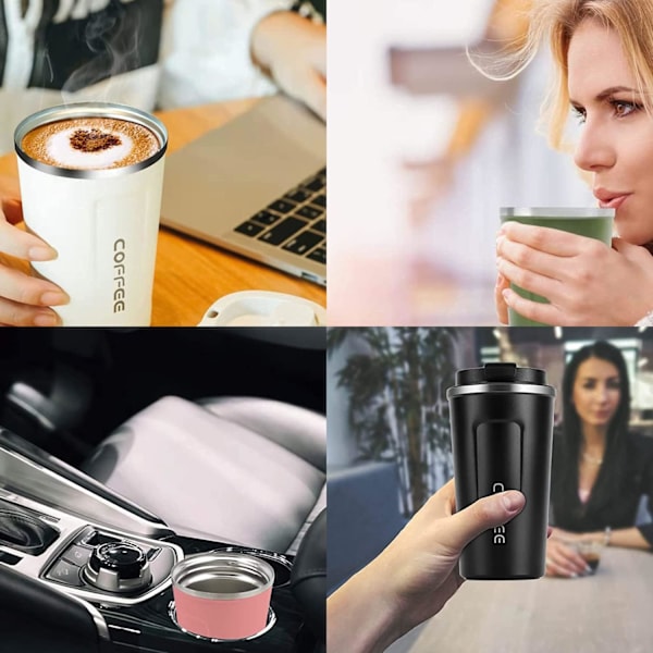 Resemugg, Isolerad Kaffekopp med Läcksäker Lock - Återanvändbara Kaffekoppar Resa - Bilkaffekopp - Rostfritt Stål Termosmugg, 380ml (Vit) white