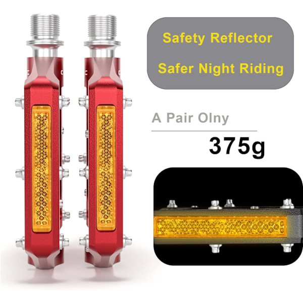 Cykelpedaler med reflexer, 3 tätade lager, halkfri CNC-aluminiumcykelplattform, 9/16 tums pedaler för landsvägscykel, MTB, elcykel. Red