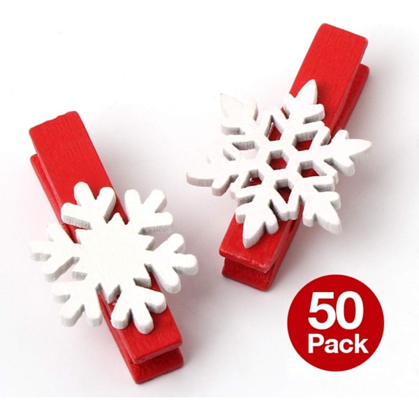 50 stk. Klesklyper i tre med snøfnugg, håndverksklyper, mini fotopapirklyper for jule DIY-dekorasjon