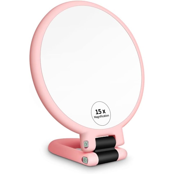 1 pakkaus 15x suurentava käsipeili, kaksisuuntainen matkakäsipeili taittuvalla kahvalla, suurentava käsipeili naisille matkapöydälle (vaaleanpunainen) pink
