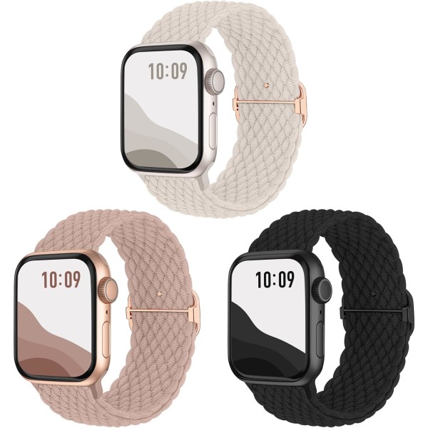 Anti-Slip flettet bånd 3-pack kompatibel til Apple Watch-remme, Justerbar elastisk elastisk erstatningsrem til iWatch Ultra SE 9 8 7 6 5 4 3 2 1