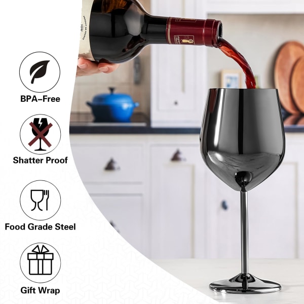 Sæt med 4 Sorte Vinglas, 550ml Ubrækkelige Sorte Goblets, Rustfrit Stål Vinglas, Unikt og Bærbar Metal Vinglas Black