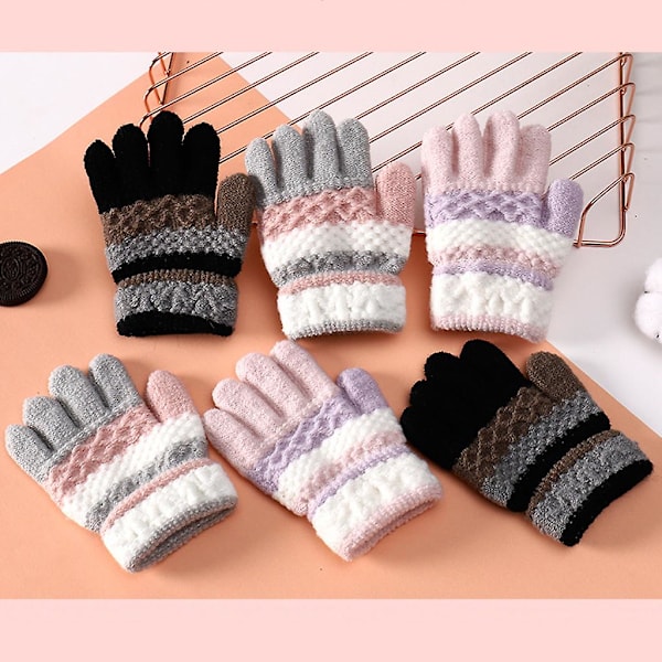1 Par Barnvantar Stickade Randiga Vintervantar för Barn Kallavädersbeständiga Varma Hel-Finger Vantar Pojkar Flickor Vantar pink