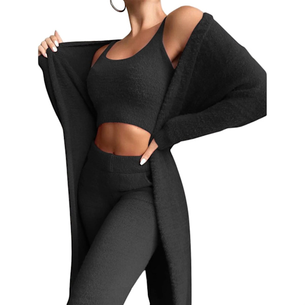 Damernas Sexiga Varma Fuzzy Fleece 3-Delade Outfits Pyjamas, Mysig Stickad Set 3-Delar, Öppen Fram Hoodie Cardigan Topp Byxor (L)