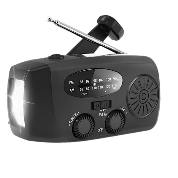 Veivradio med solceller / Lommelykt - 2000mAh Power Bank - Svart