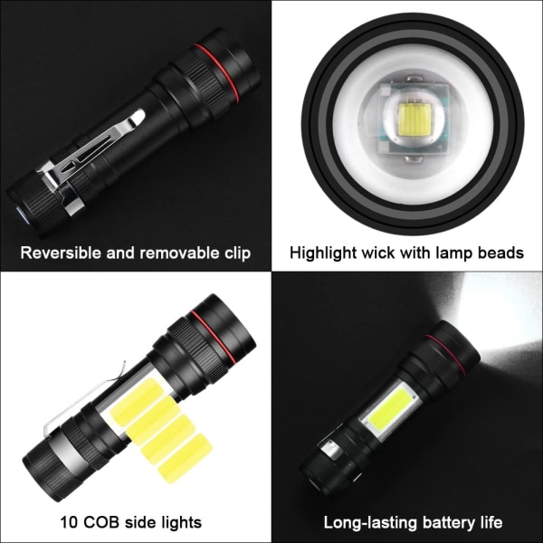 Oppladbar LED-lykt, 3 moduser og zoombar lommelykt, bærbar COB taktisk lampe for barn Gave/camping/vandring/strømbrudd