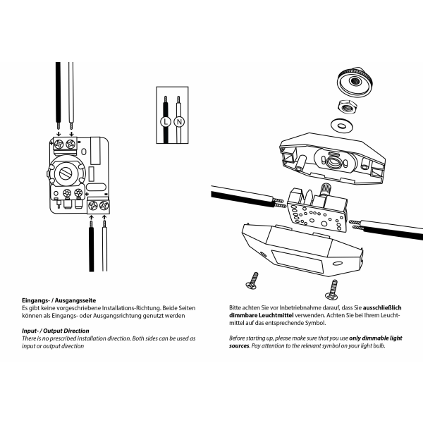 Lysdimmer, dreiebryter med hvit 220-230V kabel, trykknapp for dimbare LED-er