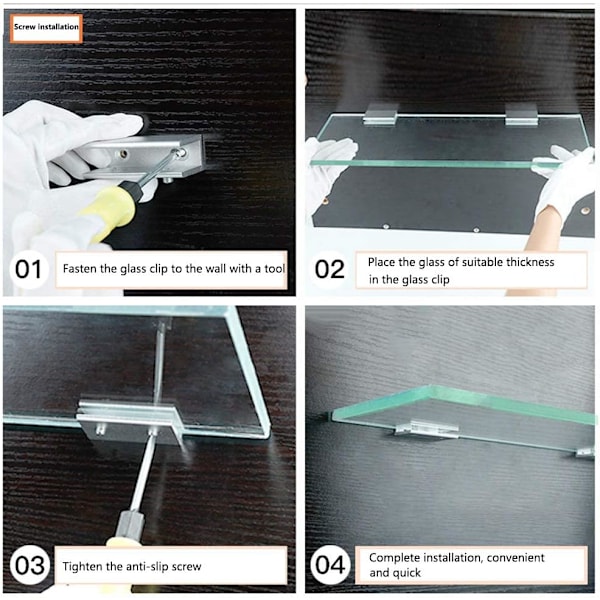 Pakke med 8 firkantede glashylde klemmer i aluminiumslegering, holder, støttebeslag, sort (egnet til 10-12 mm tykt glas)