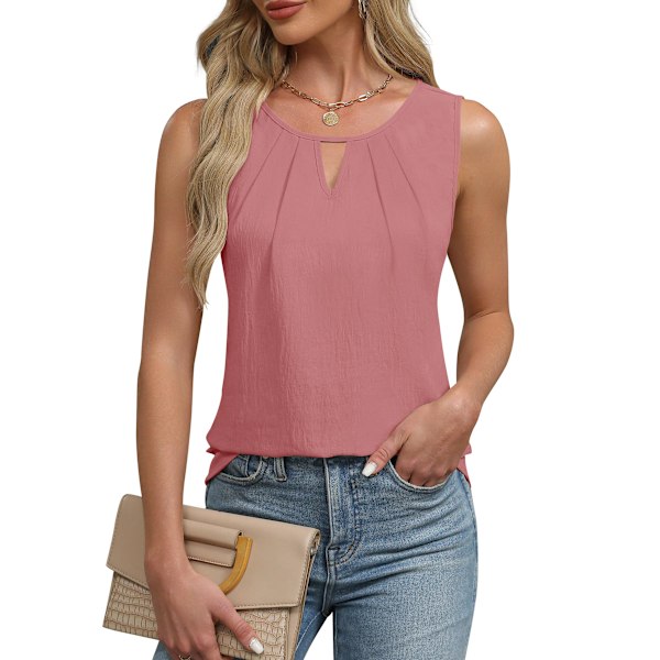 Dametanktop - Sommer - Ærmeløs - Business Casual Outfits 2024 - Basic Løs Kjole - Arbejdsskjorte (Pink-M)