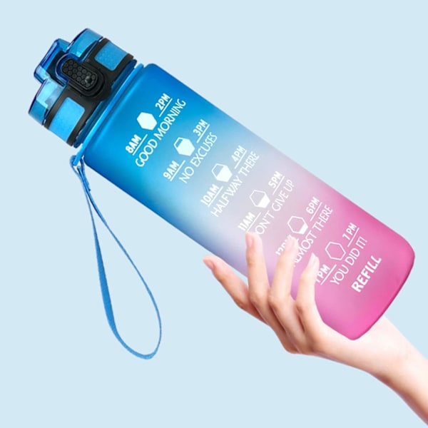 1000 ml sportsvannflaske med motiverende tidsmarkør, lekkasjesikker flip-top vannflaske for utendørs sport, treningssenter, trening blue,pink