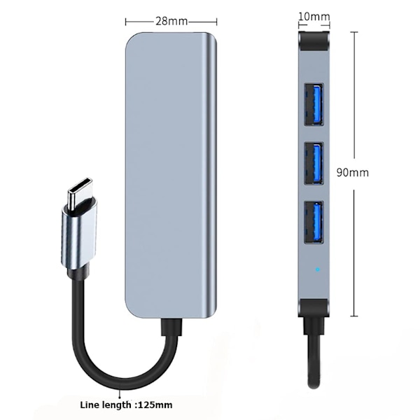USB C Hub USB 3.0 Slim Aluminiums skal Typ C till 4-Port Kompatibel med MacBook Air, Mac Pro/Mini, iMac, XPS, PS5, Xbox One, Flash Drive, Mobil HDD