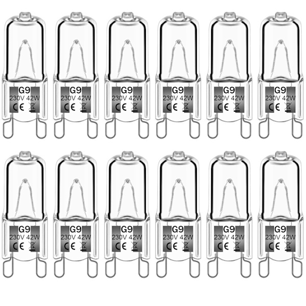 12 stk. G9 halogenpærer 42W 230V 2800K varm hvid 580lm, klare kapsel halogenlamper dæmpbare, ingen stroboskop, ingen flimmer