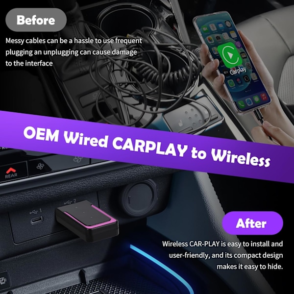 Car-Play Adapter, Trådløs Carplay Adapter, Konverterer Kablet Car-Play Dongle til Trådløs Plug & Play Car-Play for iOS og Android