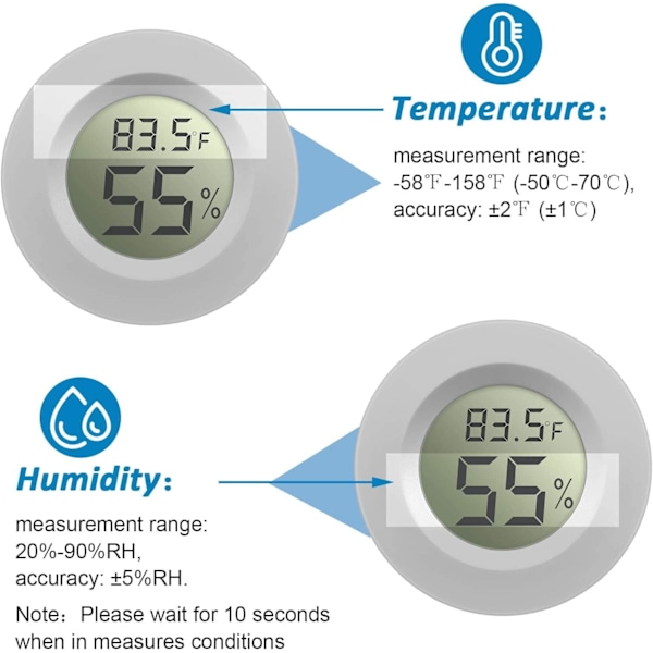 Mini Digital LCD Termometer Hygrometer för Inkubatorer Inomhus Reptil Uppfödningslåda Väderstation Växthus Källare Rund(Vit)