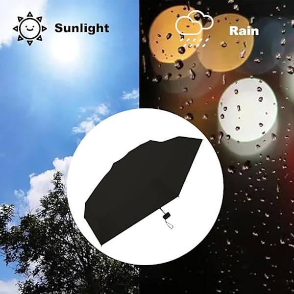 Taitettava matkavarjo, pieni ja kompakti sateenvarjo auringolta ja tuulelta, UV-sateenvarjo vetoketjullisella kotelolla naisille ja tytöille Black