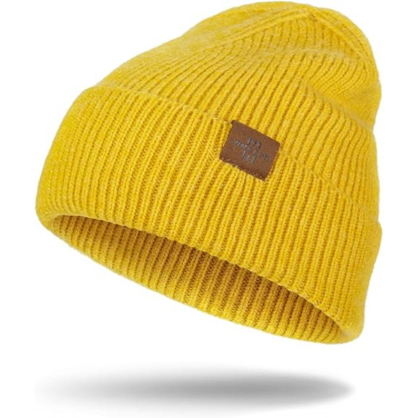 Strikket hue til mænd, dagligdags hue med opsmøg, strækbar, blød og varm, unisex komfortabel uldhue, gaver til mænd/ham/far, julegave Yellow